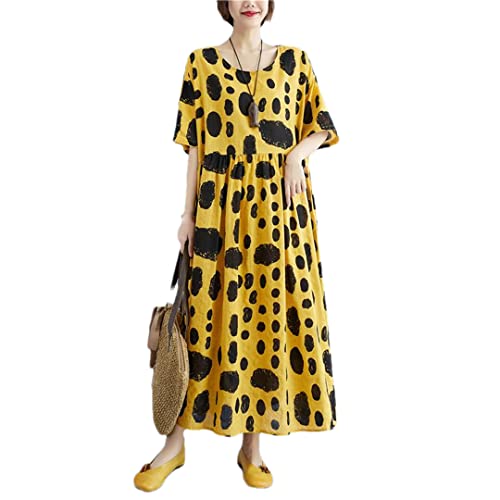 Robe longue d'été en coton jaune à pois, taille unique confortable pour femme