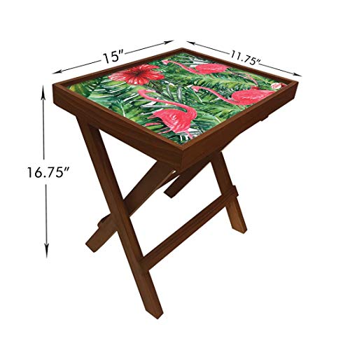 Image of Nutcase Designer Teak Wood Side Table Folding Wooden Bedside Coffee Outdoor Picnic Table - Tropical Flamingoes
