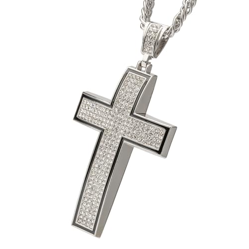 Hip Hop Jewelry Iced Out Bling Big Crystal Cross Pendant Silver Rapper Chain Religious Christian Necklace Fashion Accessories for Men/Women Gifts