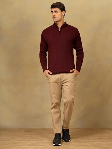 Image of Kvetoo Men's Full Sleeve High Neck Zipper Sweater| Warm Cable Knit Quarter Zip Pullover | Wool Winter Sweater for Casual & Office Wear