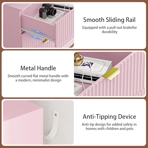 Image of Pink Dresser 6 Drawer Dresser for Bedroom, 47''W Fluted Wooden Dresser Storage Cabinet and Chest of Drawers with Metal Handle, Storage Organizer for Living Room, Hallway, Entryway