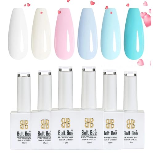 Image of Bolt Bee Gel Polish Kit, 6 Colors Light Soft Sakura White Nude Spring Soak off Nail Art Design Manicure Kit at Home (W+P & Blue Shades)