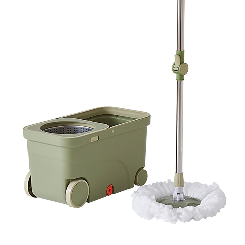 Juego de fregona giratoria y cubo con ruedas, fregona de microfibra | Mango ajustable de acero inoxidable, cabezal de fregona giratorio de 360°, sistema de limpieza de fregona perezosa