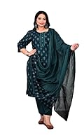 Plus Size Floral Print Pure Cotton B.Green Straight Kurta, Dupatta & Pant Set (48)