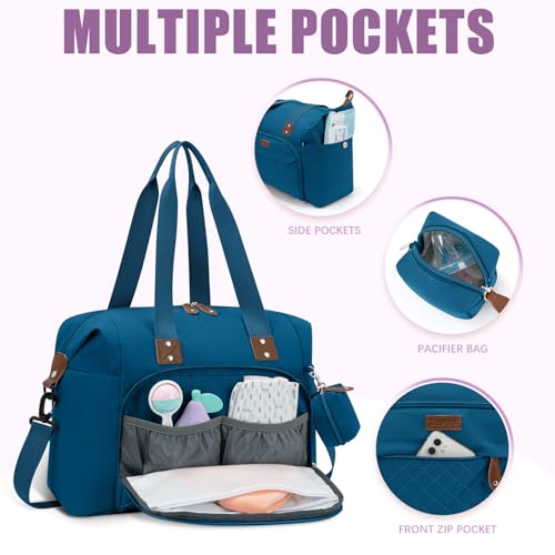 Image of Tuwubi Diaper Bag Tote,Baby Diaper Bag with Pacifier Case Large Travel Diaper Tote Caddy for Mom and Dad Multifunction Baby Bag - M-Teal
