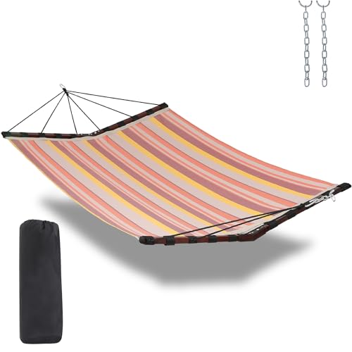 TegerDeger 12FT 2 Person Hammock Large Hammock Quick Dry 450LB Capacity with V Shaped Hardwood Spreader Bar & Nylon Rope for Outside, Patio, Garden, Backyard, Beach, Poolside - Coral Red Stripes by TEGERDEGER - Used condition - US$71.11