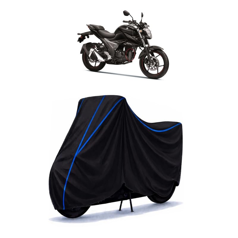 Image of Suzuki Gixxer 150 Bike Cover Water Resistant Universal Motorcycle Rain | Heavy Duty UV Protection, Dust, Scratch Indoor Outdoor All Weather with Black Blue Piping Elastic