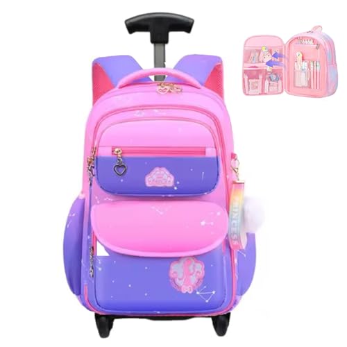 Mochila de carrinho Rodinhas Infantil Imperme?vel e com Grande Capacidade, mochila escolar para crian?as de 6 a 13 Anos (princesa rosa com azul)