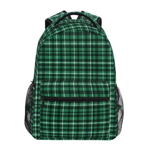 Backpack for Boys Girls Green Plaid Pattern Shoulder Bag Elementary Middle High School Bookbag Laptop Bags Casual Daypack Rucksack for Men Women Teens Outdoor Travel M