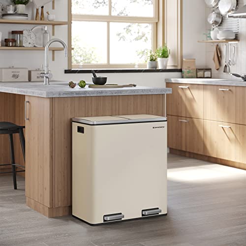 SONGMICS Trash Can, 2 x 8 Gallon (2 x 30 L) Garbage Can for Kitchen, with 15 Trash Bags, 2 Compartments, Plastic Inner Buckets and Hinged Lids, Airtight, Almond Color ULTB201A01