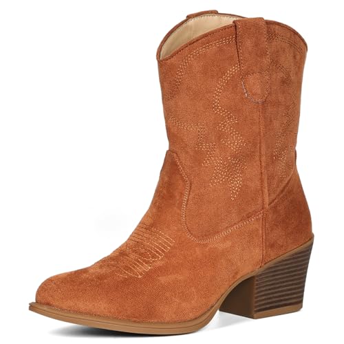 Image of IXU Cowboy Boots for Women Ankle Cowgirl Booties Wide Mid Calf Pointed Toe Western Boots Short Chunky Classic Booties