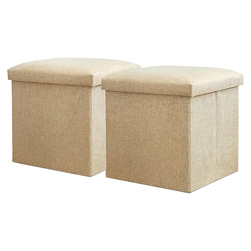 Image of Kuber Industries Pack of 2 Storage Stool - Square Toy Box, Foot Rest, Folding Seat, Wardrobe Organizer for Clothes-Books, Living Room Storage Box - S ZH003BG Beige