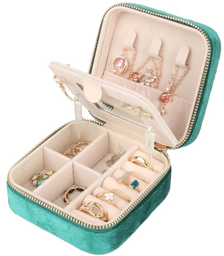 Plush Velvet Travel Jewelry Case,Organizer with Mirror, 3.9x3.9In,Green