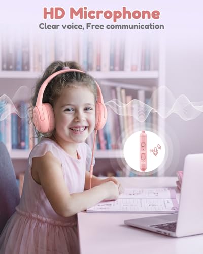 Image of Kids Headphones with Microphone Foldable Stereo Tangle-Free 3.5mm Jack Wired Cord On-Ear Headset for Children /Teens /Boys /Girls /Smartphones /School /Kindle /Airplane Travel /Plane /Tablet (Pink)