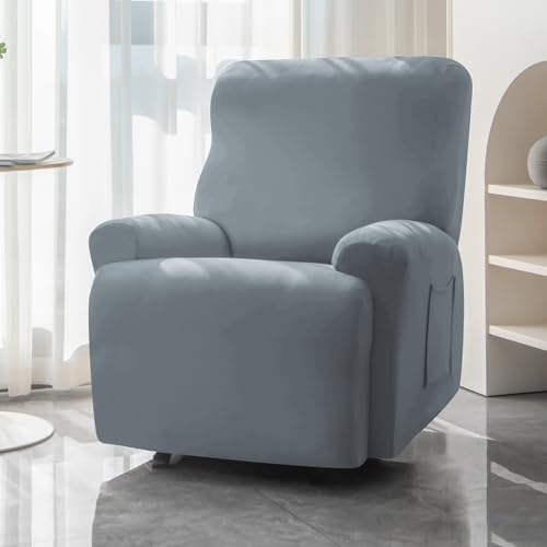 Image of HOKIPO 'SereneSolids' 140 GSM 4-Pieces Super Stretch Recliner Chair Cover 1 Seater Fully Covered Washable Furniture Protector, Smokey Grey (NEW2-4740-SGRY)
