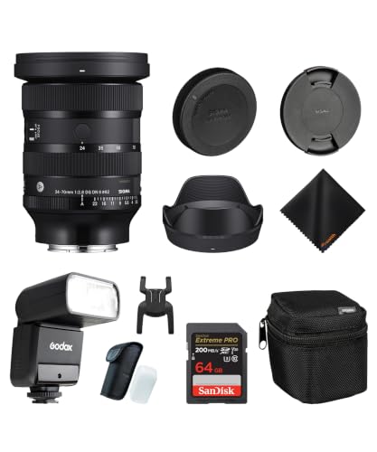 Sigma 24-70mm f2.8 DG DN II Art Lens Sony E Full Frame Format Six SLD Elements Rounded 11-Blade Godox Flash TT350S Mini 64GB Extreme PRO Memory Card & Waith Cleaning Cloth (Bundle Set)