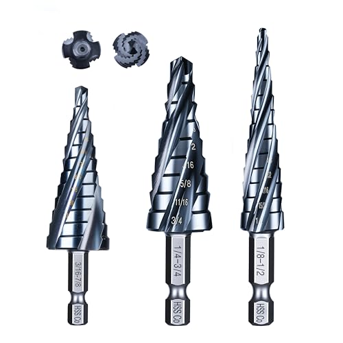 Image of toolant Four Spiral Flute Cobalt Step Drill Bit Set(Pro Max), 1 /8 inch-7 /8 inch(3pcs) Impact Ready Unibit Step 1 /4 inch Hex Shank Step Bits for Metal, Stainless Steel, Aluminum, Wood, Plastic