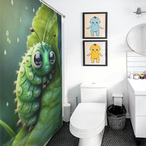 Rideau douche tissu caterpillar vert imperméable 122x183cm lavable baignoire
