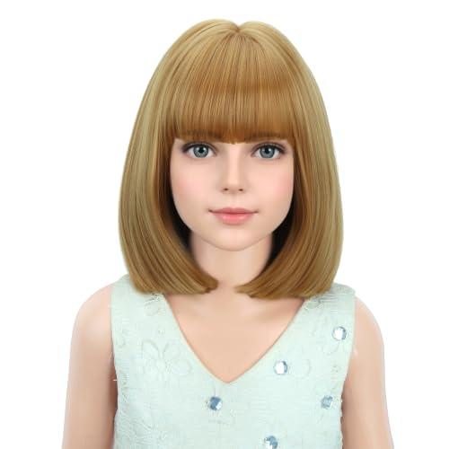 Image of PATTNIUM Kids Strawberry Blonde Wig with Bangs for Girls Short Blonde Wig Bob Wigs Synthetic Halloween Costume Cosplay Wigs