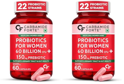 Image of Carbamide Forte Women's Probiotics Supplement 60 Billion CFU | Vaginal Probiotics & Gut Health Supplements with Cranberry Extract | 60 Veg Capsules (Pack of 2)