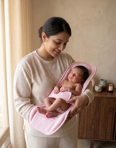 Image of 2-in-1 Reclined Carrying & Feeding Support Pillow | Strong Back Support | Indoor & Outdoor Use Cotton Blend, Ergonomic Design, 0-10 Months, Soft Cushioned Hard Support (Pink)