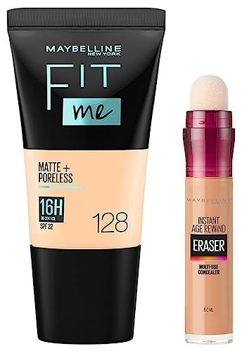 Image of Maybelline New York Instant Age Rewind Concealer, Medium, 6g and Maybelline New York Fit Me Matte+Poreless Liquid Foundation Tube, 128 Warm Nude, 18ml