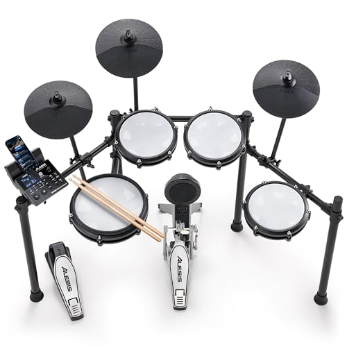 Alesis Nitro Max Kit Batería Electrónica con Parches Silenciosos de Malla, Caja de Doble Zona de 10', Bluetooth, 440+ Sonidos Auténticos, Lecciones Drumeo, USB MIDI, Pedal de Bombo