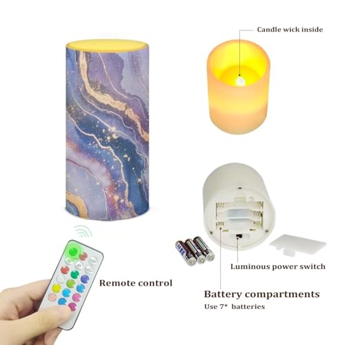 Image of Flameless Candle with 18 Key Remote 4 /8 Hours Timing Color Changing, Flickering Wick Realistic Votive Electric Candle for Patio Desktop Home Ornaments, Purple Blue Gold Marble