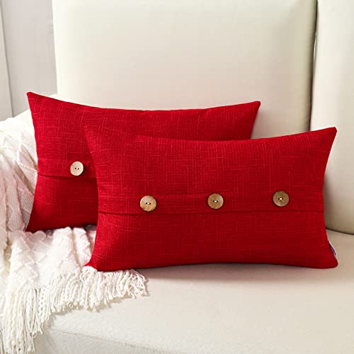 Futei Red Linen Decorative Throw Pillow Covers 12X20 Inch Set Of 2, Rectangle Lumbar Pillowcase With Vintage Button/Zipper,Modern Farmhouse Home Decor For Couch,Bed #TOP15