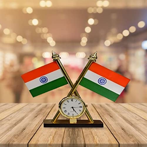 Empica Car Indian Flag with Quartz Watch for Car Dashboard Exterior Accessories Compatible With All Car Models
