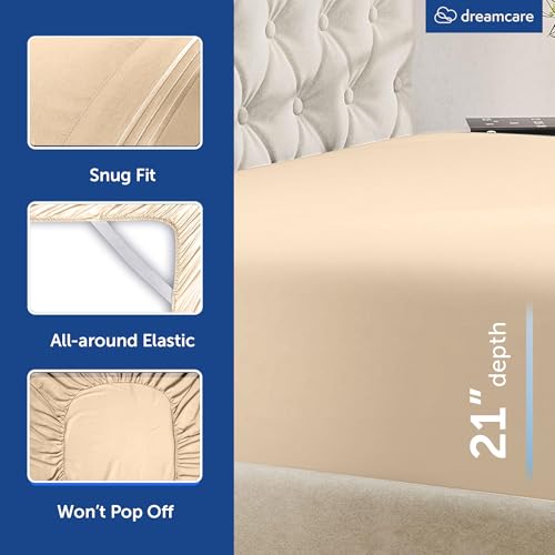 Image of DREAMCARE King Size Sheets Set - 4 pcs Breathable Cooling Sheets - up to 21 inch Extra Deep Pocket King Sheet Set with Side Pockets - Extra Soft 100% Brushed Hypoallergenic Hotel Luxury Bedding, Wheat