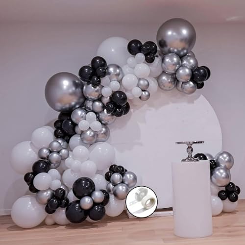 Image of Black Silver Chrome Balloon Arch Kit, 62pcs Black White Silver Balloons Garland Kit for Birthday Decoration, Anniversary Party Supplies for Women, Girls, Men & Boys (Silver Chrome white Black Garland)