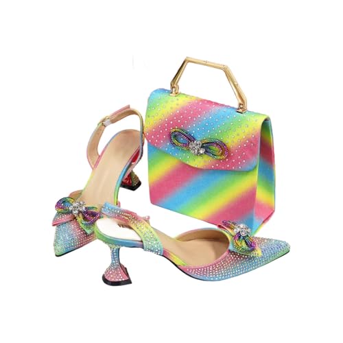 Women Shoes and Bag Set Buckle Strap Pointed Toe Shoes Matching Bag Set for Offices Ldies Party Dressr Rainbow