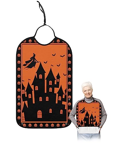 Halloween Adult Bibs for Eating, Waterproof Bibs with Food Catcher & Adjustable Snap Closure, Castle Witch Black Silhouette Pumpkin Orange Washable Clothing Protectors Adult Bibs for Elderly Women/Men