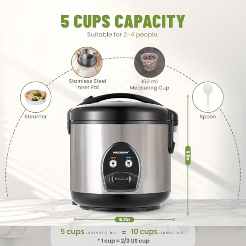 Image of 5-Cup Uncooked Rice Cooker, Electric One-Touch for Asian Japanese Sushi, Stainless Steel Inner Pot with Removable Lid & Steamer, Automatic Keep Warm, Silver