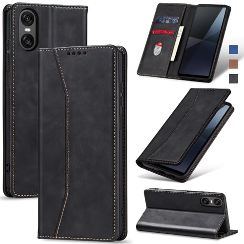 Image of Jasonyu Cover for Sony Xperia 10 VI Flip PU Leather Case, Wallet Cover, Stand Function, Magnetic Card Slots, TPU Bumper Case (Black)