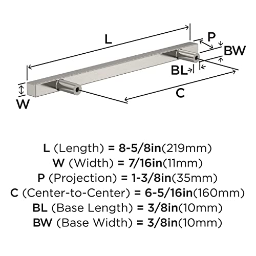 Image of Amerock 25 Pack 6-5 /16 inch Bar Pulls Square Satin Nickel Drawer Pull | 6-5 /16 inch (160mm) Center-to-Center Mounting Distance and 8-5 /8 inches Overall Length, Durable Zinc Cabinet Hardware
