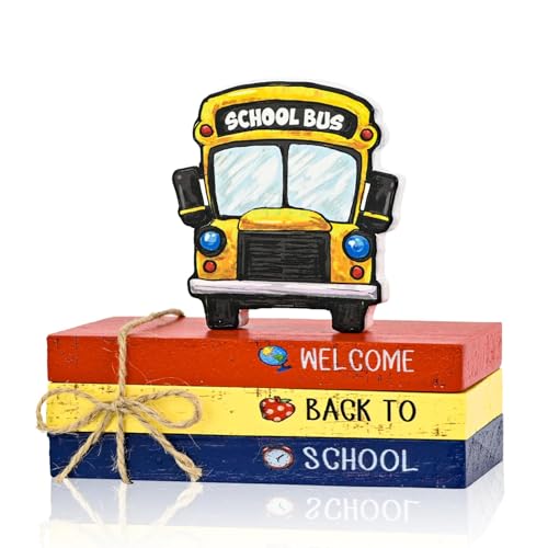 Smile Back to School Wooden Table Decor Apple, Math, Science, History Desktop Signs Classroom & Home Office Tabletop Decorations Gift for Students, Teachers