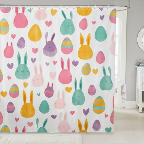feelingyou Cortina de ducha colorida con diseño de conejos, huevos de dibujos animados, forro de ducha para niños y adultos, cortinas impermeables de Pascua, decoración de habitación, 72 x 72 pulgadas