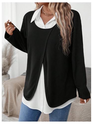 Women's Plus Size Color Block Fake Two Piece Blouses Wrap Split Long Sleeve Collared Work Shirts4