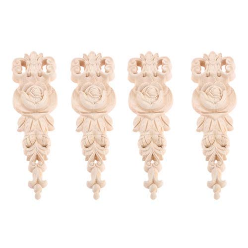 MUXSAM4Pcs Wood Carved Applique Mouldings Onlay for Decoration Furniture Decals Corner Leaf Pattern Decorative Frame Decor for Desk Doors Cabinet 19x5.5cm