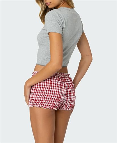 Image of Yuemengxuan Women Y2k Ruffle Shorts Ruched Plaid Shorts Micro Shorts Pajama Bottoms Y2k Cute Fairy Lace Edge Pettipants