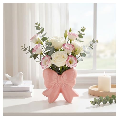 Wowang Elegant Pink Bow Shaped Ceramic Vase Multi-Functional Flower Vase