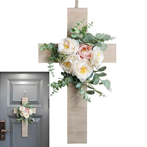 Decoraciones de Pascua de madera con forma de letrero,Guirnalda colgante de madera con decoración floral 3D - Cruz religiosa decorativa, para interiores y exteriores, casa, porche, jardín, valla