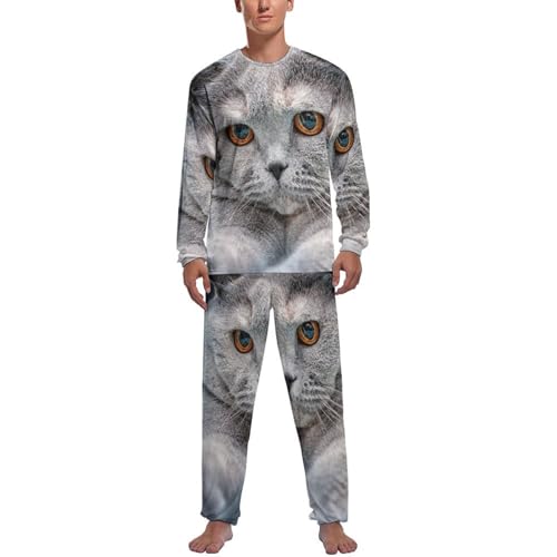 Pyjama homme haut et bas à manche longue motif chat mignon pour vêtements de nuit confortables