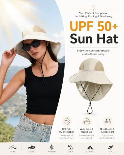 Image of Sun Hat UPF50+, Breathable Wide Brim Bucket Hat Outdoor for Hiking Garden
