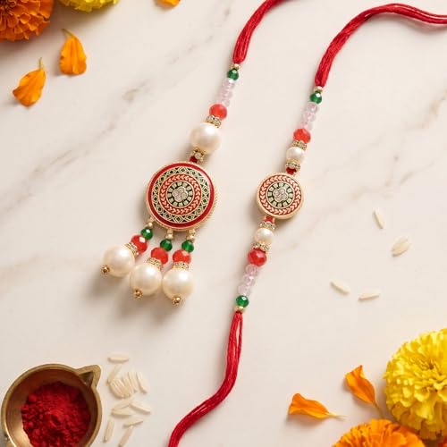 Image of TIED RIBBONS Rakhi for Brother and Bhabhi - Couple Bracelet Rakhi Set of 2 with Roli Chawal Combo Set - Lumba Rakhis for Bhaiya Bhabhi - for Rakshabandhan