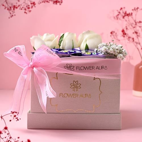Floweraura " Designer Fresh Live 2 White Roses With 3 Chocolate In Fa Box For Valentine'S Day Gift, Birthday Gift, Anniversary Gift, Mother'S Day Gift & Women'S Day Gift (Same Day Delivery) " 4 41no4nwhXZL
