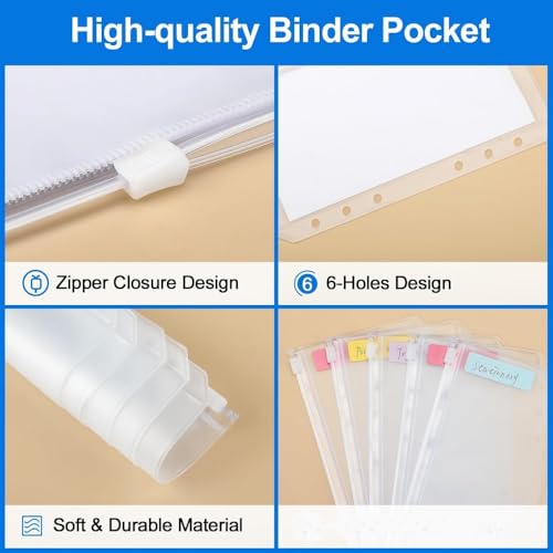 Image of 12pcs A6 Size Binder Pockets A6 Binder Zipper Folders 6 Holes Zipper Binder Pocket for 6-Ring Notebook Loose Leaf Bags, Waterproof PVC Pouch Document Filing Bags for Cash, Cards