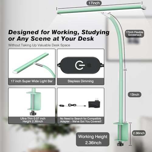 Image of Airlonv LED Desk Lamp for Office Home, Eye-Caring Desk Light with Stepless Dimming Adjustable Flexible Gooseneck, 10W USB Adapter Desk Lamp with Clamp for Reading, Study, Workbench (Mint Green)